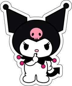 a cartoon character with black hair and pink nose, wearing a skull headdress