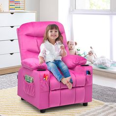 Infans Kids Youth Recliner Chair Velvet Fabric w/Cup Holder & Side Pocket Pink Velvet Recliner, Kids Recliners, Kids Recliner Chair, Velvet Lounge Chair, Velvet Lounge, Boy Girl Room, Kids Sofa, Large Chair, Toddler Furniture