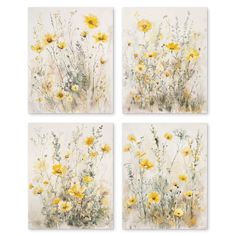 three paintings of yellow flowers on a white background