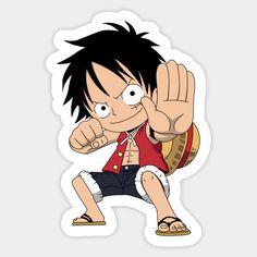 an anime character with black hair and red shirt holding his hand up in the air