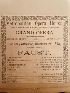 an old concert program for the metropolitan opera house, grand opera and faustt