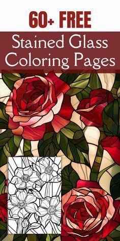 stained glass coloring pages for adults and children with roses on the front, in red