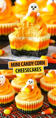 mini candy corn cheesecakes on a cooling rack with halloween decorations in the background