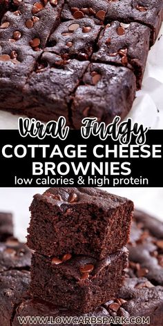 chocolate brownies stacked on top of each other with the words wild fields cottage cheese brownies low calories and high protein