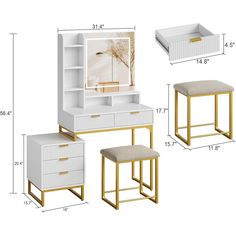 three white and gold furniture with measurements