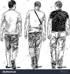 three men walking down the street hand drawn in black and white ink, on a white background