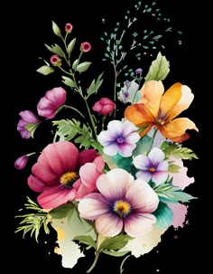 watercolor painting of colorful flowers on white background