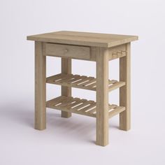 a small wooden table with two shelves on one side and an open shelf on the other