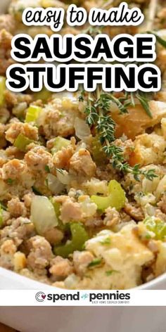 sausage stuffing in a white casserole dish with text overlay