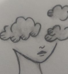 a drawing of a woman with clouds on her head