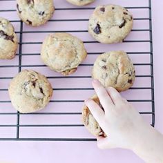 a person reaching for chocolate chip cookies on a cooling rack