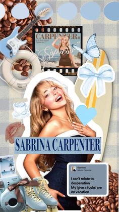 a collage of photos with the words sabrina carpenter on it