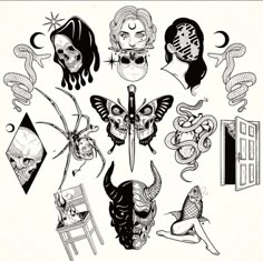 an assortment of tattoo designs including skulls, snakes, and other things in black and white