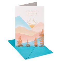 a card with an illustration of mountains and trees