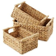 three woven baskets with handles on white background