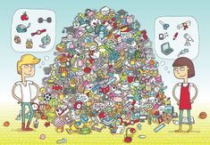 two people are standing in front of a large pile of toys and gadgets, with speech bubbles above them