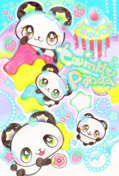 three pandas are sitting together in front of a colorful background with stars and bubbles