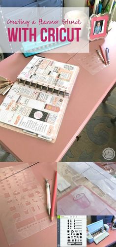 a pink table topped with lots of papers