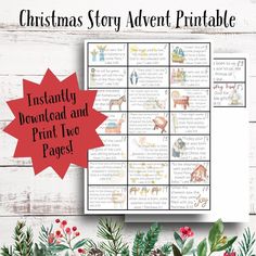 the christmas story printable is shown with holly branches, pine cones and red berries