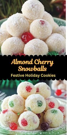 almond cherry snowballs festive holiday cookies on a green plate with holly wreath in the background