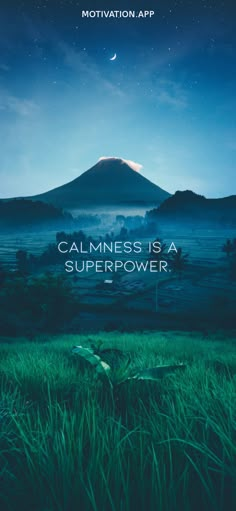 a poster with the words calmness is a super power in front of a mountain