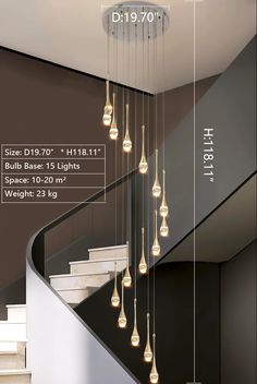 an image of a staircase with lights hanging from the ceiling and measurements for each light bulb