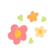 three flowers with green leaves and one pink flower in the middle, on a white background