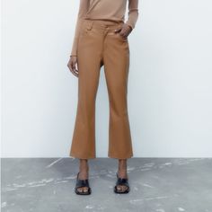 Nwt Zara Faux Leather Mini Flared Pants Size 2 (Us 26) Waist: 13” Rise: 11” Inseam: 24” Chic Brown Spring Jeans, Faux Leather Wide Leg Pants For Fall, Brown Mid-rise Jeans For Work, Mid-rise Brown Jeans For Work, Winter Office Brown Bottoms, Brown Office Pants For Fall, Mid-rise Bottoms For Workwear In Fall, Casual Mid-rise Leather Pants For Work, Mid-rise Fall Workwear Bottoms