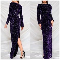 New Glam Full Length Sequin Velvet Gown Dress * Long Sleeve * Round Neck * Exposed Back Zip * Fitted Bodycon * Very Slight Stretch * Back Split *Approximate Unstretched Measurements* Xs(2) *Bust 31"(Up To 34") *Waist 24"(Up To 26") * Hip 32.75"(Up To 35.75") *Length 60.25" Small (4) *Bust 33"(Up To 35.25") *Waist 26"(Up To 27.5") * Hip 34.5"(Up To 37.25") *Length 61" Medium (6) *Bust 35"(Up To 37") *Waist 28"(Up To 29") * Hip 36.5"(Up To 39") *Length 61.75" Large (8/10) *Bust 37"(Up To 39.5") *W Purple Maxi Dress For Prom, Purple Maxi Evening Dress For Gala, Purple Maxi Length Evening Dress For Gala, Fitted Purple Evening Dress, Formal Purple Maxi Evening Dress, Purple Formal Maxi Length Evening Dress, Formal Purple Maxi Length Evening Dress, Purple Formal Maxi Length Dress, Purple Maxi Length Formal Dress