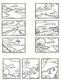 the storyboard is shown with four different scenes in each section, including mountains and clouds