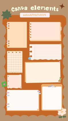 an orange and white poster with many different items on it, including paper sheets that have been