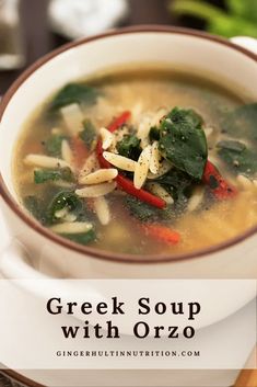 a bowl of greek soup with orzo and spinach