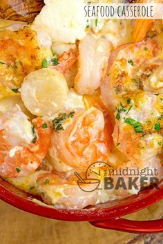 shrimp and potato casserole in a red bowl with the title overlay reads seafood casserole