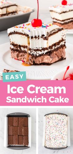 an easy ice cream sandwich cake with sprinkles and cherries on top