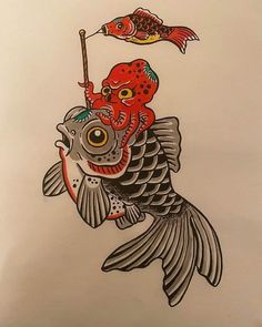 a drawing of a fish with an umbrella on it's head and another fish in the background