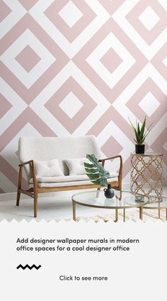 a living room with pink and white wallpaper