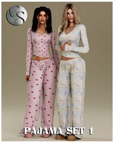 two women in pajamas standing next to each other with the caption pajama set 1