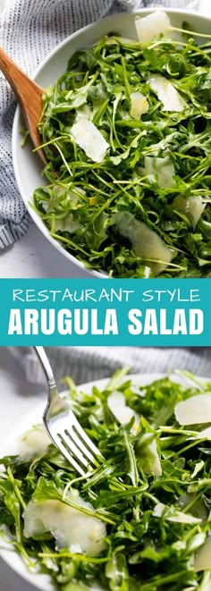 two plates filled with arugula salad on top of a blue and white table cloth