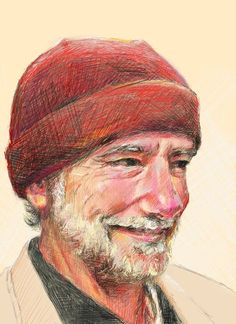 Colorful crosshatch digital drawing of a man with a red knit hat Color Pencil Illustration, Soyut Sanat Tabloları, Wes Anderson, Arte Inspo, Color Pencil Art, Pencil Portrait, Color Pencil Drawing