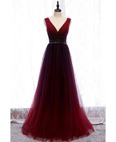 Buy burgundy deep vneck flowy tulle formal dress with sequined waist at affordable price online. Free shipping and pro custom service since 2009. Prom Formal Dresses, Simple Evening Dress, Long Party Dress, Prom Dresses Simple, Beaded Tulle, Burgundy Prom Dress, Red Prom, Dress A Line, فستان سهرة