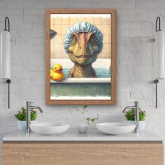 a bathroom with two sinks and a painting on the wall above it that has an image of a dinosaur in a bathtub