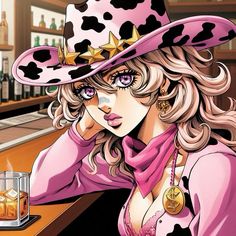 a woman in a cowboy hat sitting at a bar next to a glass of whiskey