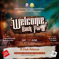 an advertisement for the welcome back party at club polazzo on friday, july 11