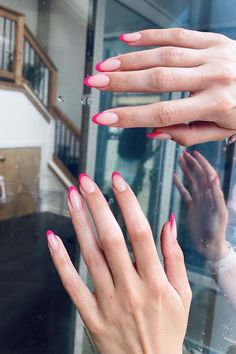 a french design in a hot pink hue on an almond shaped manicure Colored French Nails, Nail Art Designs 2023, Almond Nails Pink, Pink French Manicure, At Home Nail Art, Brush Techniques, Pink Tip Nails, Colored Nail Tips, Pink French Nails