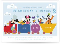 mickey mouse and friends birthday party card with the name diego riera is turning 2