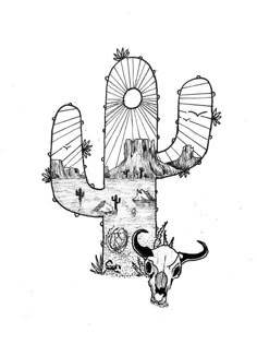 a drawing of a cactus with long horns and mountains in the background, along with an animal skull