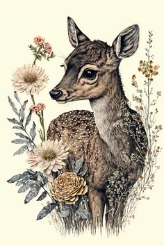 a drawing of a deer surrounded by flowers