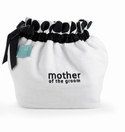 a white bag with black ribbon around the bottom and mother of the bride written on it