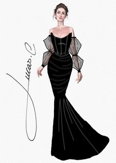 a drawing of a woman wearing a black dress with sheer sleeves and an embellished neckline