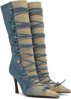 Calf-high denim boots in blue. Fading, whiskering, and distressing throughout. · Pointed toe · Logo charm at lace-up closure · Grained leather lining · Stacked leather stiletto heel · Polished leather sole · Heel: H3.75 Supplier color: Dusty blue Blue Lace Heels, Denim Boots Outfit, Saturday Outfits, Acne Studios Shoes, Futurism Fashion, Lace Up Heel Boots, Dress Reference, Shoe Pics, Vintage Style Shoes